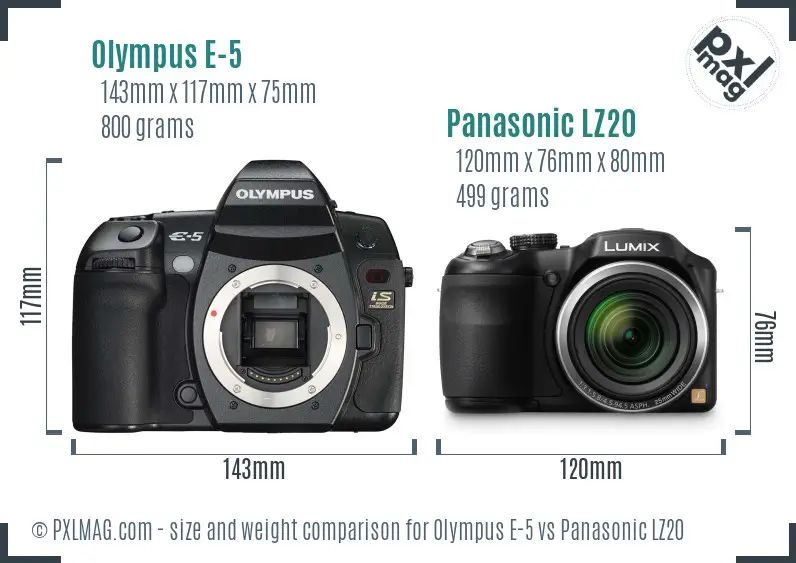 Olympus E-5 vs Panasonic LZ20 size comparison