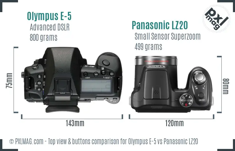 Olympus E-5 vs Panasonic LZ20 top view buttons comparison