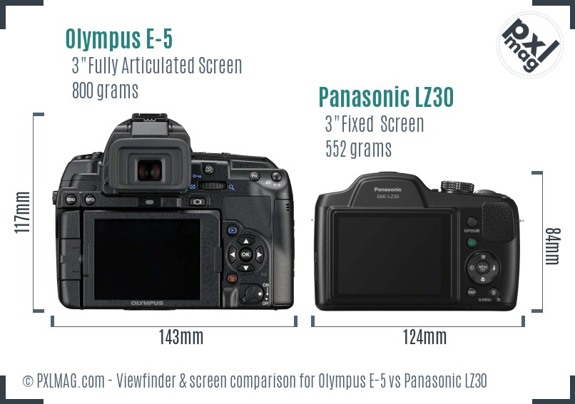 Olympus E-5 vs Panasonic LZ30 Screen and Viewfinder comparison