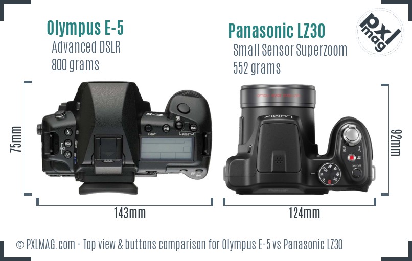 Olympus E-5 vs Panasonic LZ30 top view buttons comparison