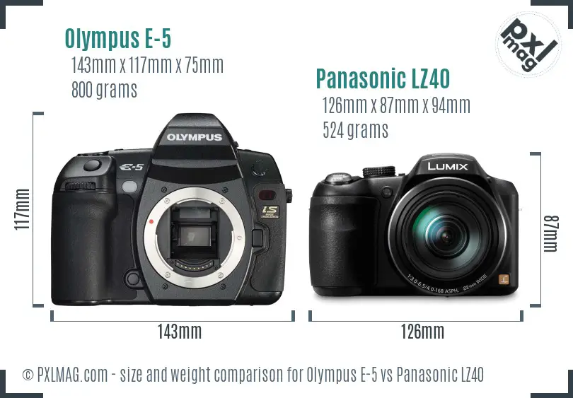 Olympus E-5 vs Panasonic LZ40 size comparison