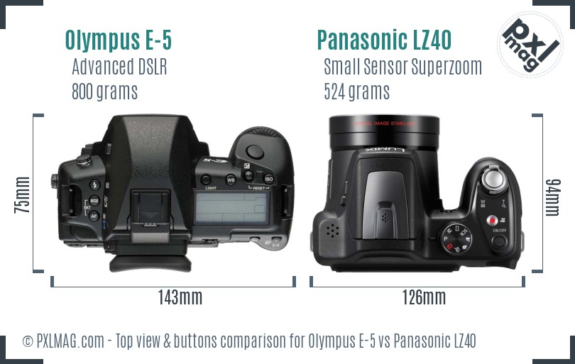 Olympus E-5 vs Panasonic LZ40 top view buttons comparison