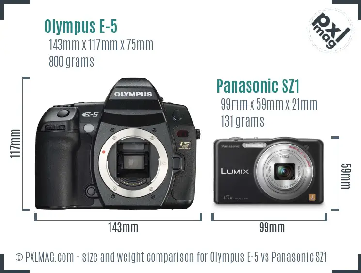 Olympus E-5 vs Panasonic SZ1 size comparison