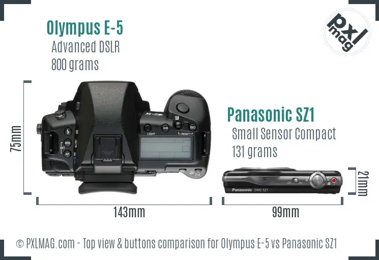 Olympus E-5 vs Panasonic SZ1 top view buttons comparison