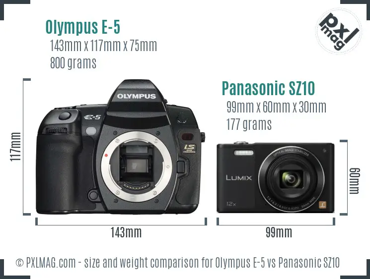 Olympus E-5 vs Panasonic SZ10 size comparison