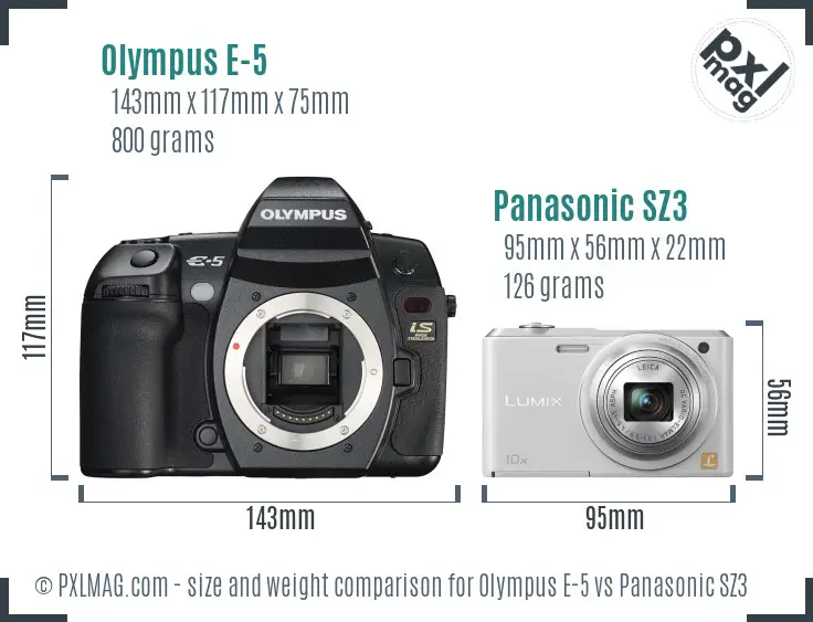 Olympus E-5 vs Panasonic SZ3 size comparison