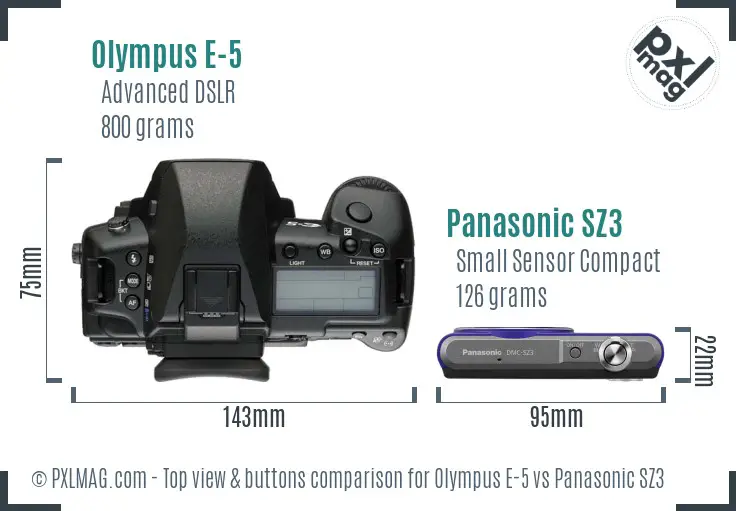 Olympus E-5 vs Panasonic SZ3 top view buttons comparison