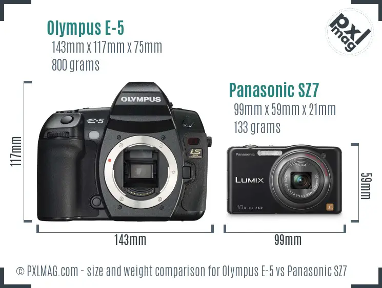 Olympus E-5 vs Panasonic SZ7 size comparison