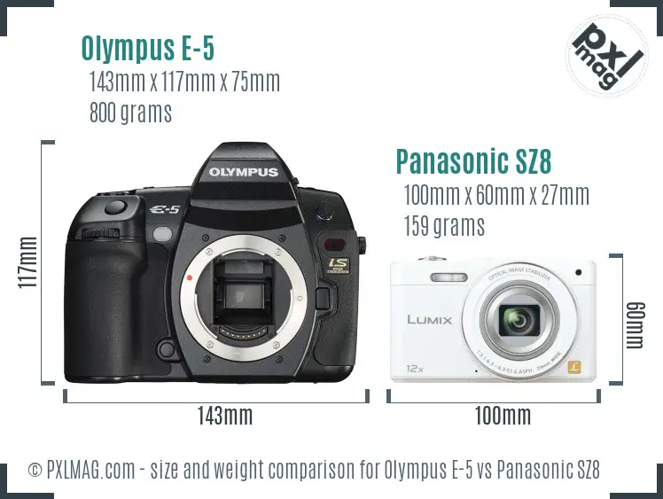 Olympus E-5 vs Panasonic SZ8 size comparison