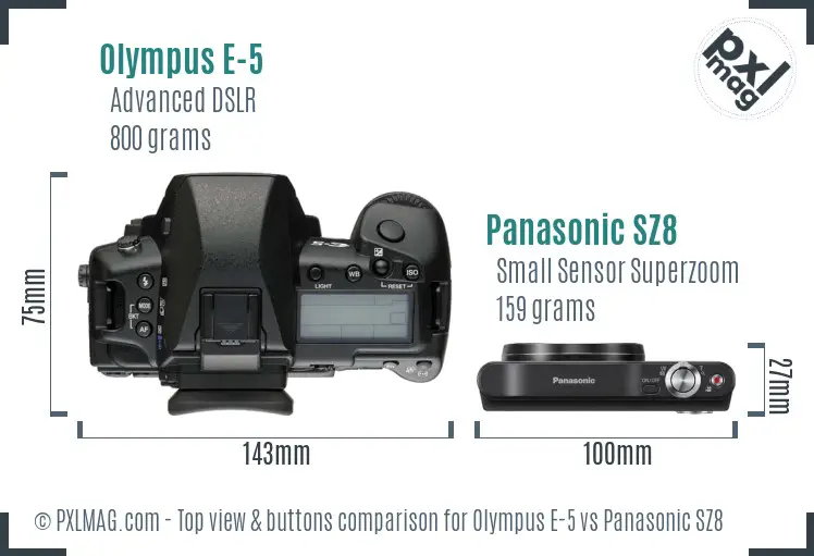 Olympus E-5 vs Panasonic SZ8 top view buttons comparison