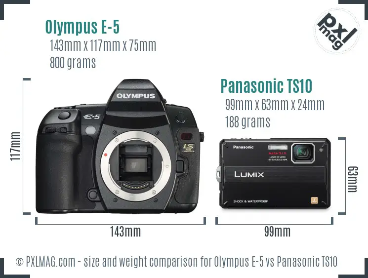 Olympus E-5 vs Panasonic TS10 size comparison