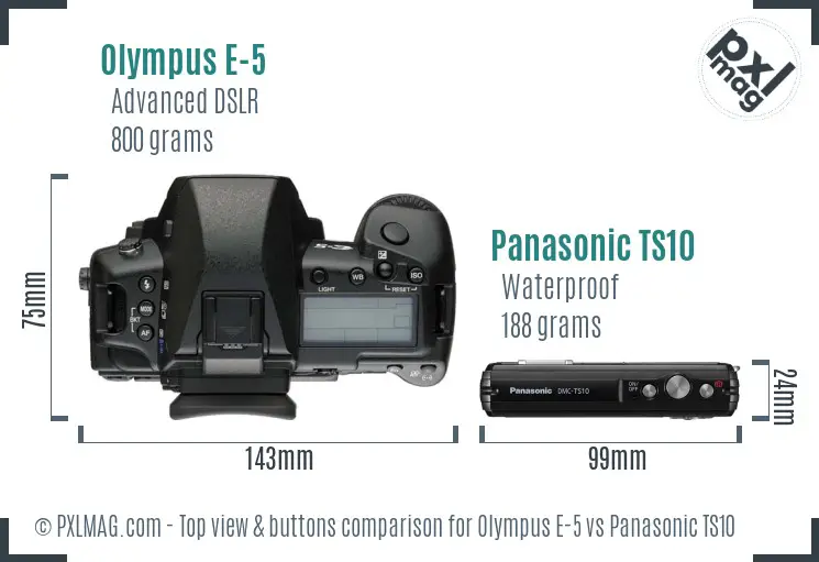 Olympus E-5 vs Panasonic TS10 top view buttons comparison