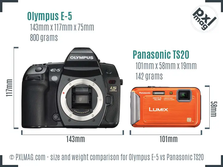 Olympus E-5 vs Panasonic TS20 size comparison