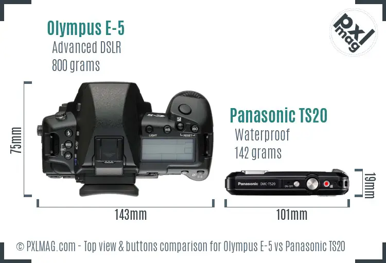 Olympus E-5 vs Panasonic TS20 top view buttons comparison