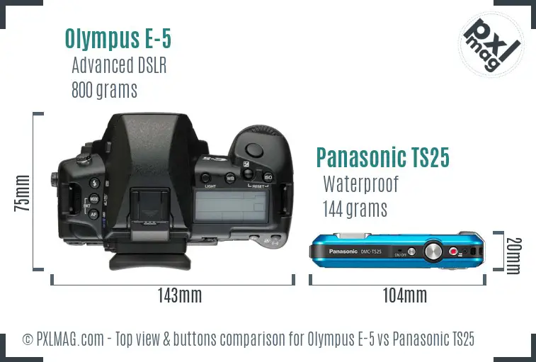 Olympus E-5 vs Panasonic TS25 top view buttons comparison