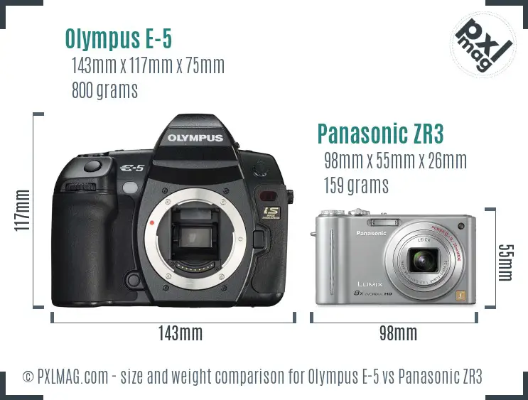Olympus E-5 vs Panasonic ZR3 size comparison