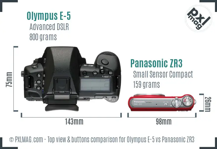 Olympus E-5 vs Panasonic ZR3 top view buttons comparison