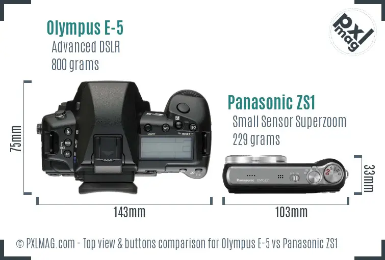 Olympus E-5 vs Panasonic ZS1 top view buttons comparison