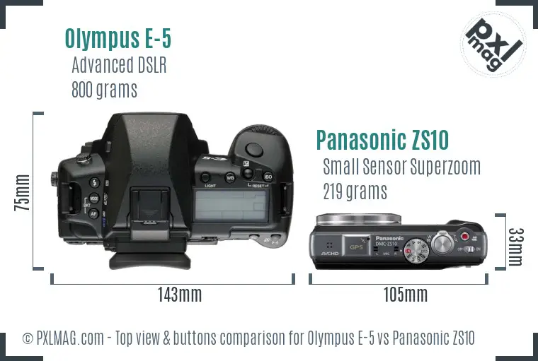 Olympus E-5 vs Panasonic ZS10 top view buttons comparison