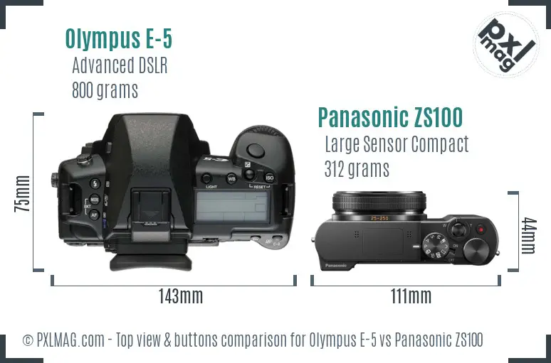 Olympus E-5 vs Panasonic ZS100 top view buttons comparison