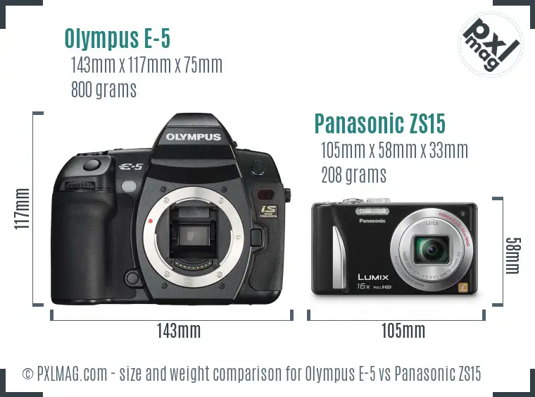 Olympus E-5 vs Panasonic ZS15 size comparison
