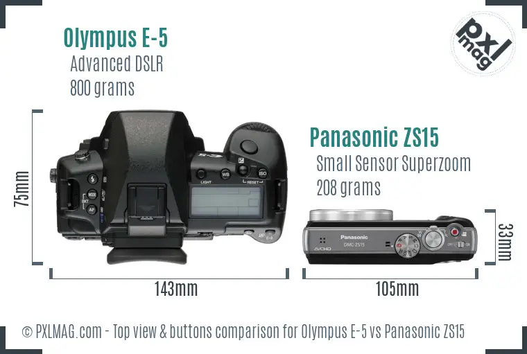 Olympus E-5 vs Panasonic ZS15 top view buttons comparison