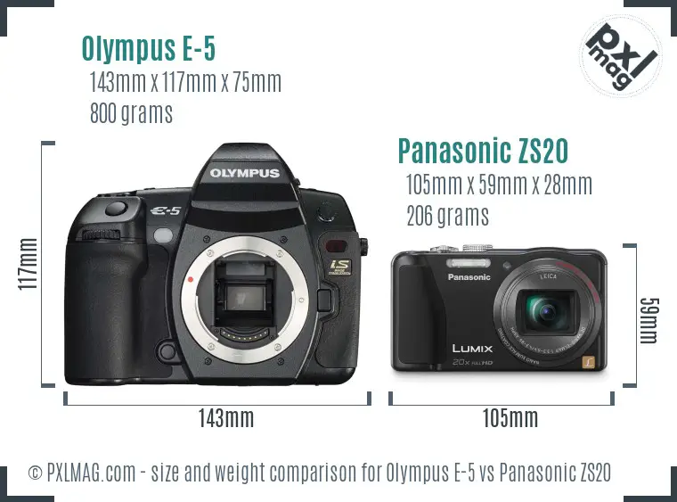 Olympus E-5 vs Panasonic ZS20 size comparison