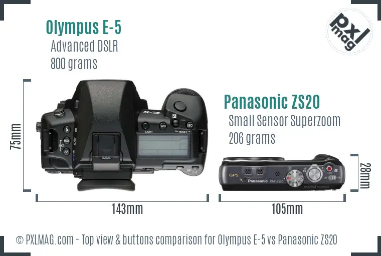Olympus E-5 vs Panasonic ZS20 top view buttons comparison
