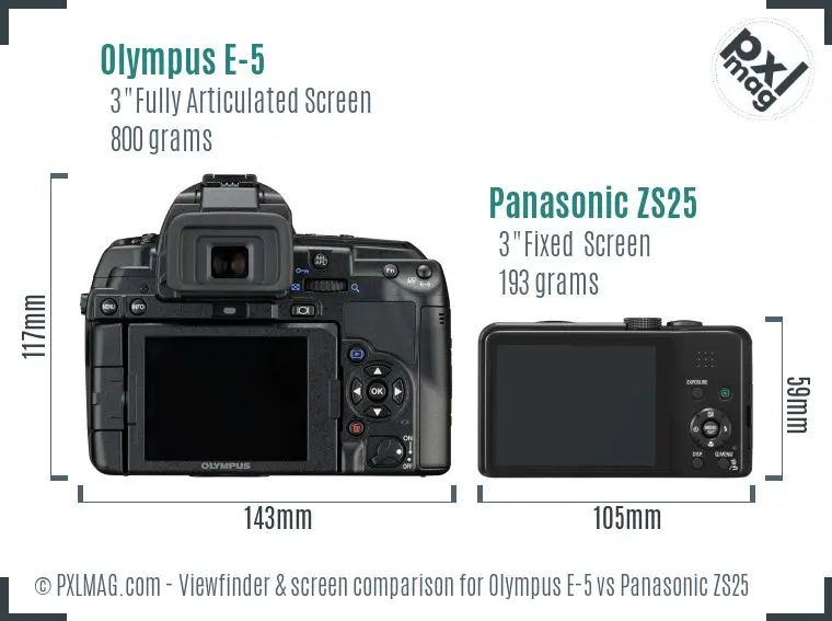 Olympus E-5 vs Panasonic ZS25 Screen and Viewfinder comparison