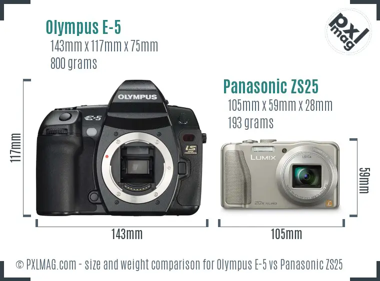 Olympus E-5 vs Panasonic ZS25 size comparison