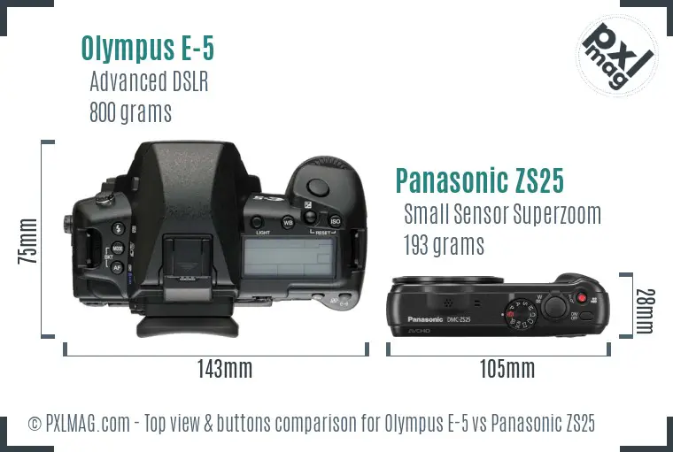 Olympus E-5 vs Panasonic ZS25 top view buttons comparison
