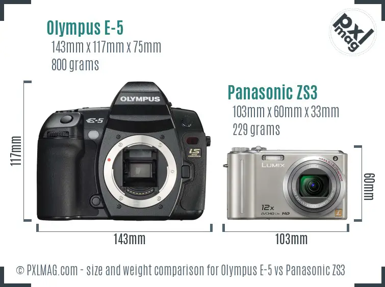 Olympus E-5 vs Panasonic ZS3 size comparison