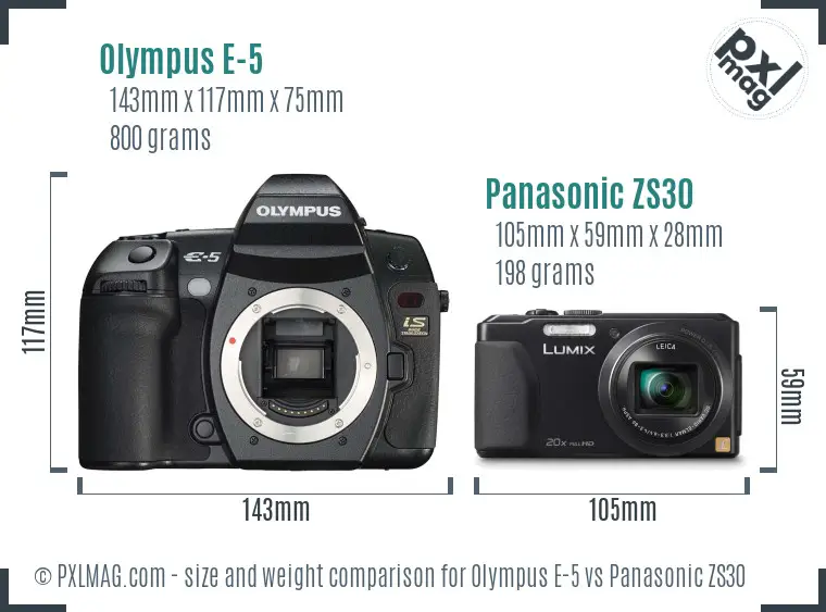 Olympus E-5 vs Panasonic ZS30 size comparison