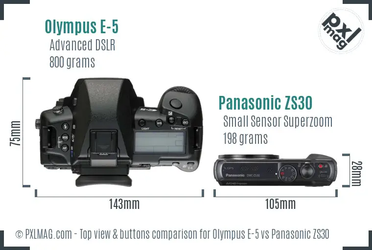 Olympus E-5 vs Panasonic ZS30 top view buttons comparison