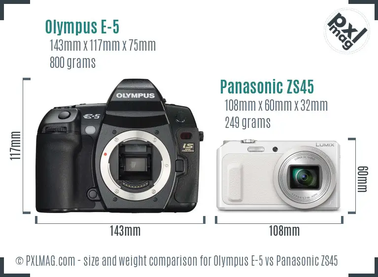 Olympus E-5 vs Panasonic ZS45 size comparison