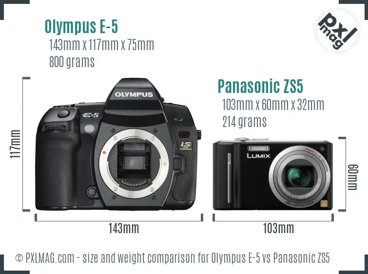Olympus E-5 vs Panasonic ZS5 size comparison