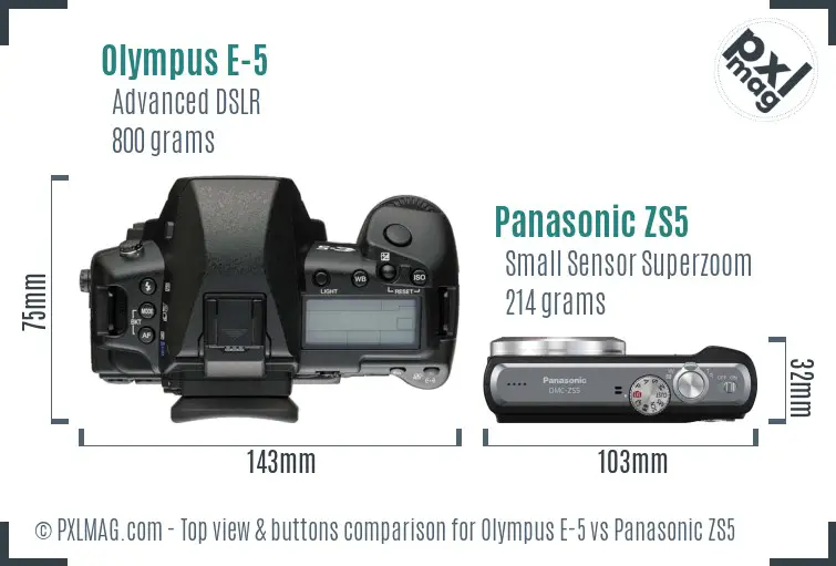 Olympus E-5 vs Panasonic ZS5 top view buttons comparison