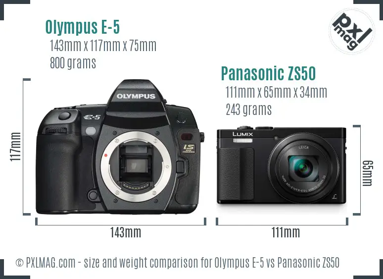 Olympus E-5 vs Panasonic ZS50 size comparison