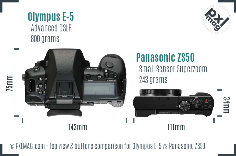 Olympus E-5 vs Panasonic ZS50 top view buttons comparison