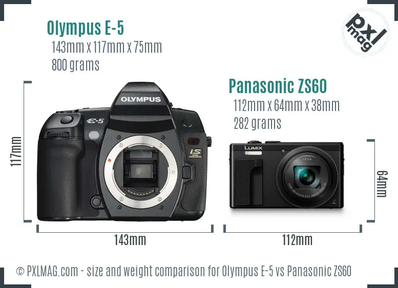 Olympus E-5 vs Panasonic ZS60 size comparison