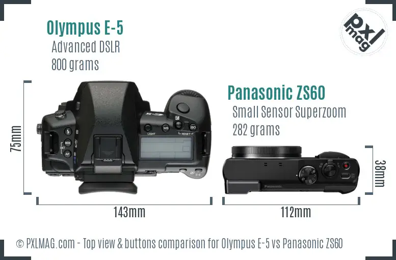 Olympus E-5 vs Panasonic ZS60 top view buttons comparison