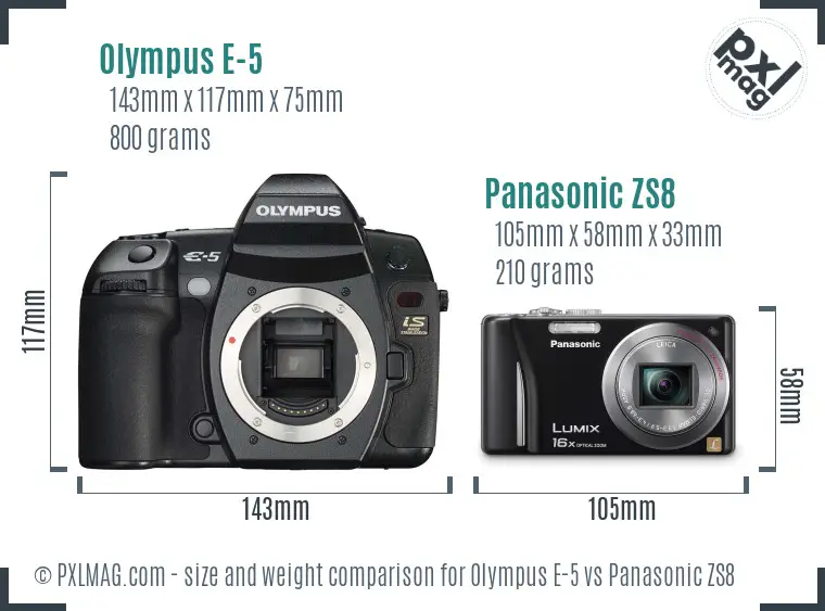 Olympus E-5 vs Panasonic ZS8 size comparison
