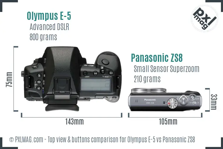 Olympus E-5 vs Panasonic ZS8 top view buttons comparison