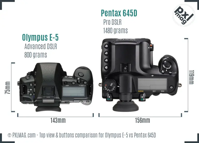 Olympus E-5 vs Pentax 645D top view buttons comparison