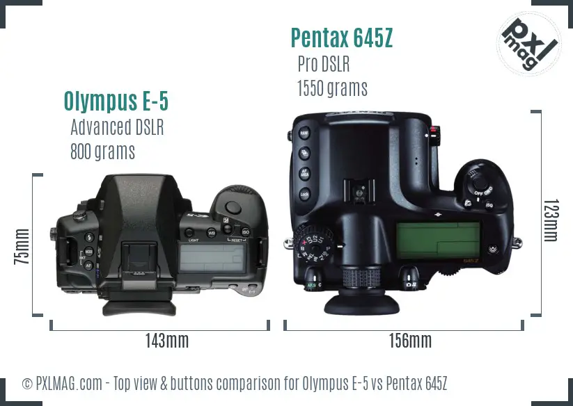 Olympus E-5 vs Pentax 645Z top view buttons comparison