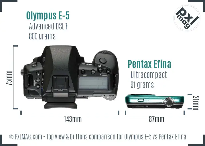 Olympus E-5 vs Pentax Efina top view buttons comparison
