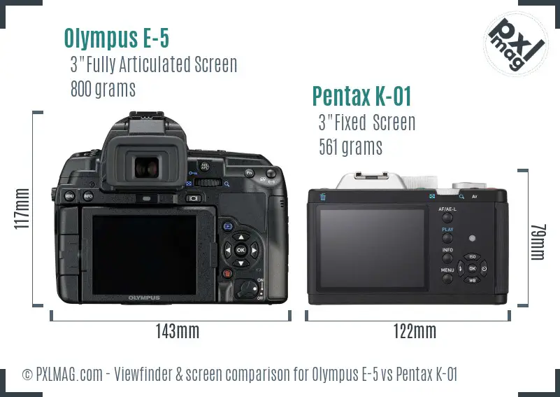 Olympus E-5 vs Pentax K-01 Screen and Viewfinder comparison