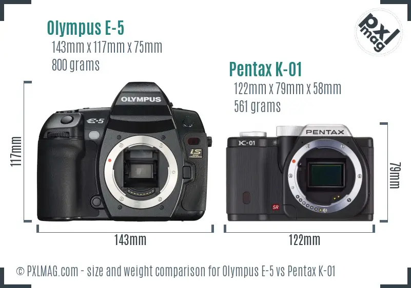 Olympus E-5 vs Pentax K-01 size comparison