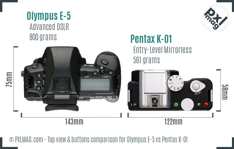 Olympus E-5 vs Pentax K-01 top view buttons comparison