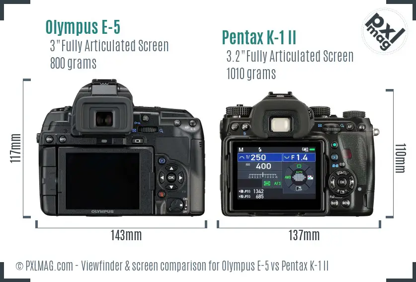 Olympus E-5 vs Pentax K-1 II Screen and Viewfinder comparison